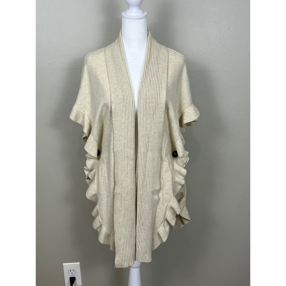 Luii Womens Ruffle Trim Open Front Cardigan Sweater Beige Ribbed Shawl Collar S